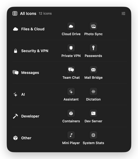 The All drawer: one glass panel with every drawer on its own row, its icon and name on the left and its apps on the right.