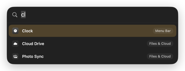Tiroir's search field under the menu bar, with two letters typed and three matching icons, each with its app and its drawer.