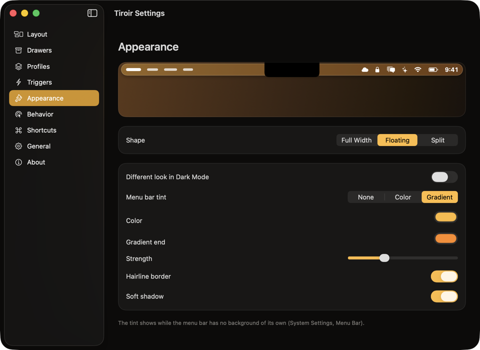 Tiroir's Settings at Appearance: a floating bar with a honey to ember gradient over a live preview, the shape choice between Full Width, Floating and Split, the tint's colors and strength, the hairline border and the soft shadow.