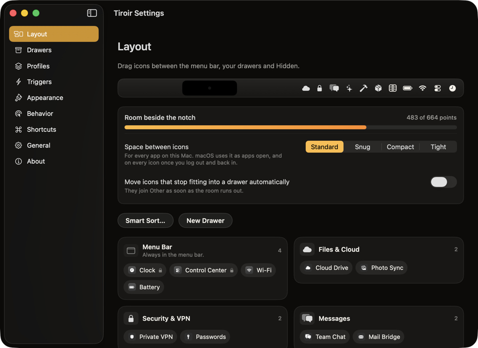 Tiroir's Settings at Layout: the menu bar drawn at its real size with the notch, the gauge of the room beside it, the space between icons, and a card for each drawer.