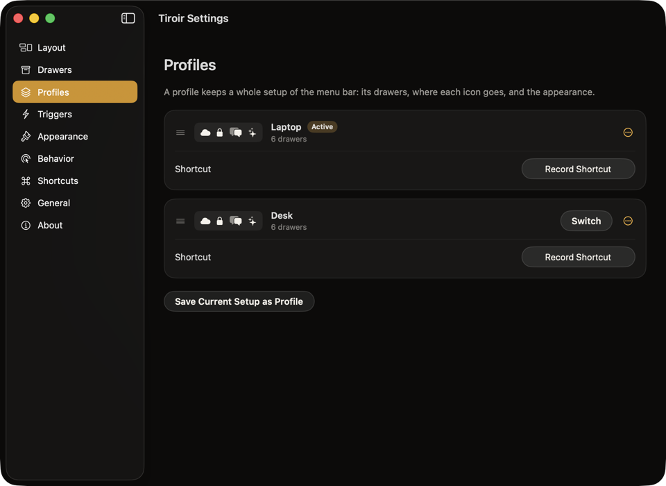 Tiroir's Settings at Profiles: a Laptop profile marked Active and a Desk profile with a Switch button, each with its drawers' icons and a shortcut.