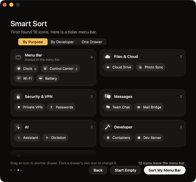 Tiroir's welcome window at the Smart Sort step: Tiroir found 16 icons, the icons that stay in the menu bar, the proposed drawers with their apps, and the choice between By Purpose, By Developer and One Drawer.
